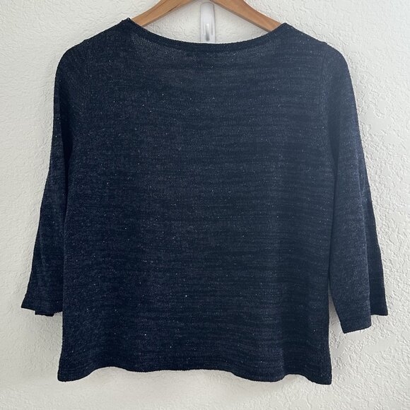 Eileen Fisher Sweater Womens Petite L Navy 3/4 Sleeve Silk Pullover Old Money - Picture 2 of 8